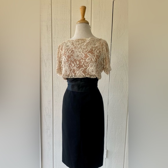 Vtg 60s Black Ivory Floral Lace Cocktail Dress Rhinestone Sz S Handmade As Is - Picture 6 of 13